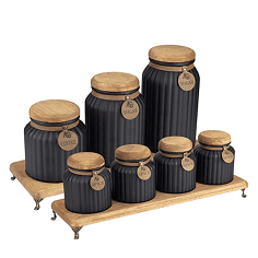 Black Ceramic Canister Set with Wooden Lids (6-piece on tray)