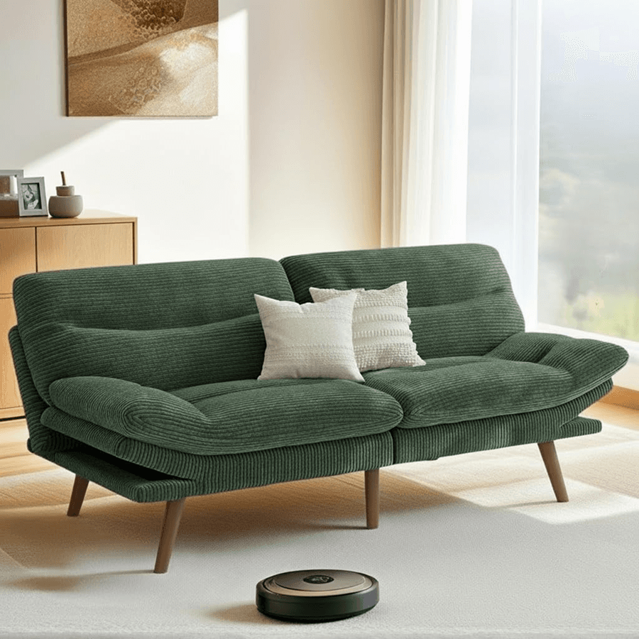 Pipishell Futon Sofa Bed, 66 Inch Corduroy Futon Couch Convertible with Adjustable Backrest and Armrests, Recliner Sleeper Sofa for Small Spaces, Living Room, Office, Guest Room (Green, 66 Inch)